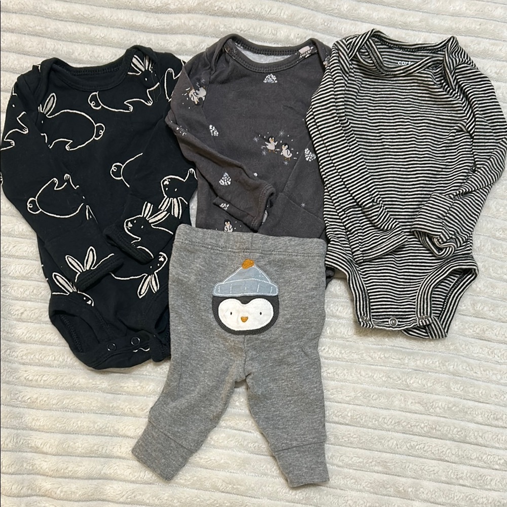 Adorable Penguin + Bunny Print Newborn One Piece Set